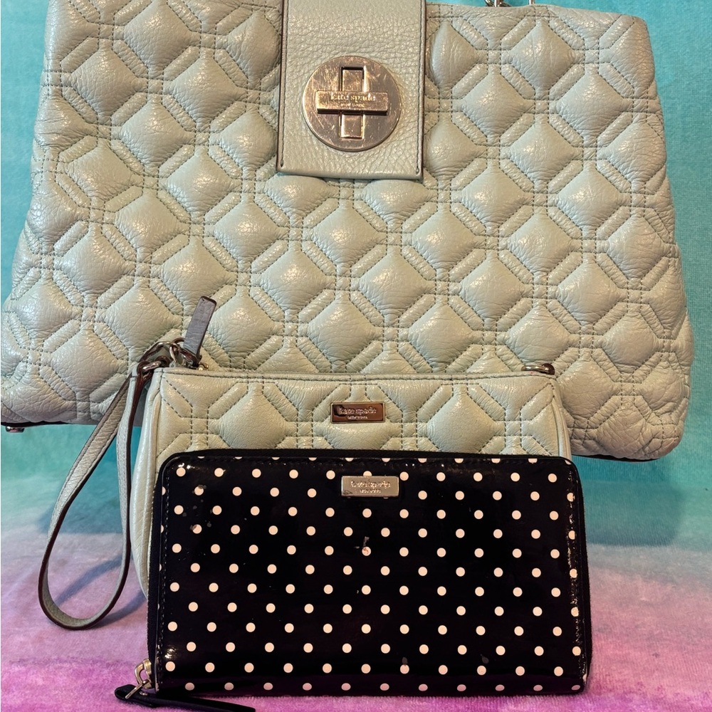 3 piece set!!!Kate Spade Quilted Mint and Black Polka Dot Bag Set
